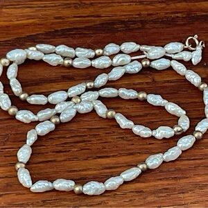 14K Gold Vintage Real Rice Pearl Necklace 16"